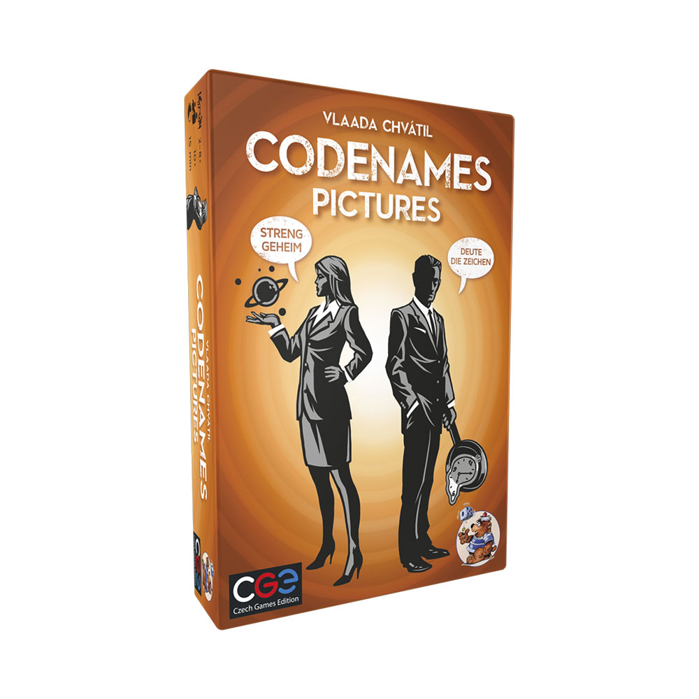 Scatola del gioco Codenames Pictures con un'agente e un agente su sfondo marrone.