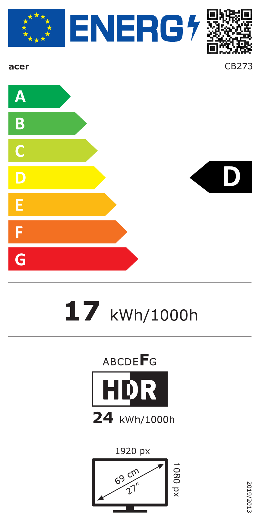 Energieeffizienzlabel für Acer Monitor, Klasse D, 17 kWh pro 1000h, 27 Zoll.