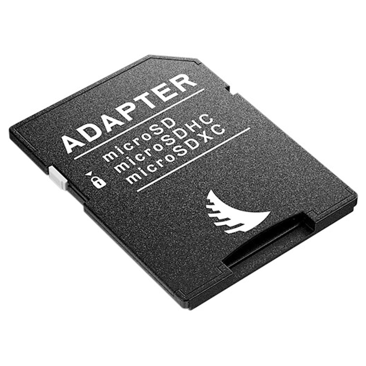 Un adaptateur de carte micro SD vers SD noir avec texte blanc sur fond clair.