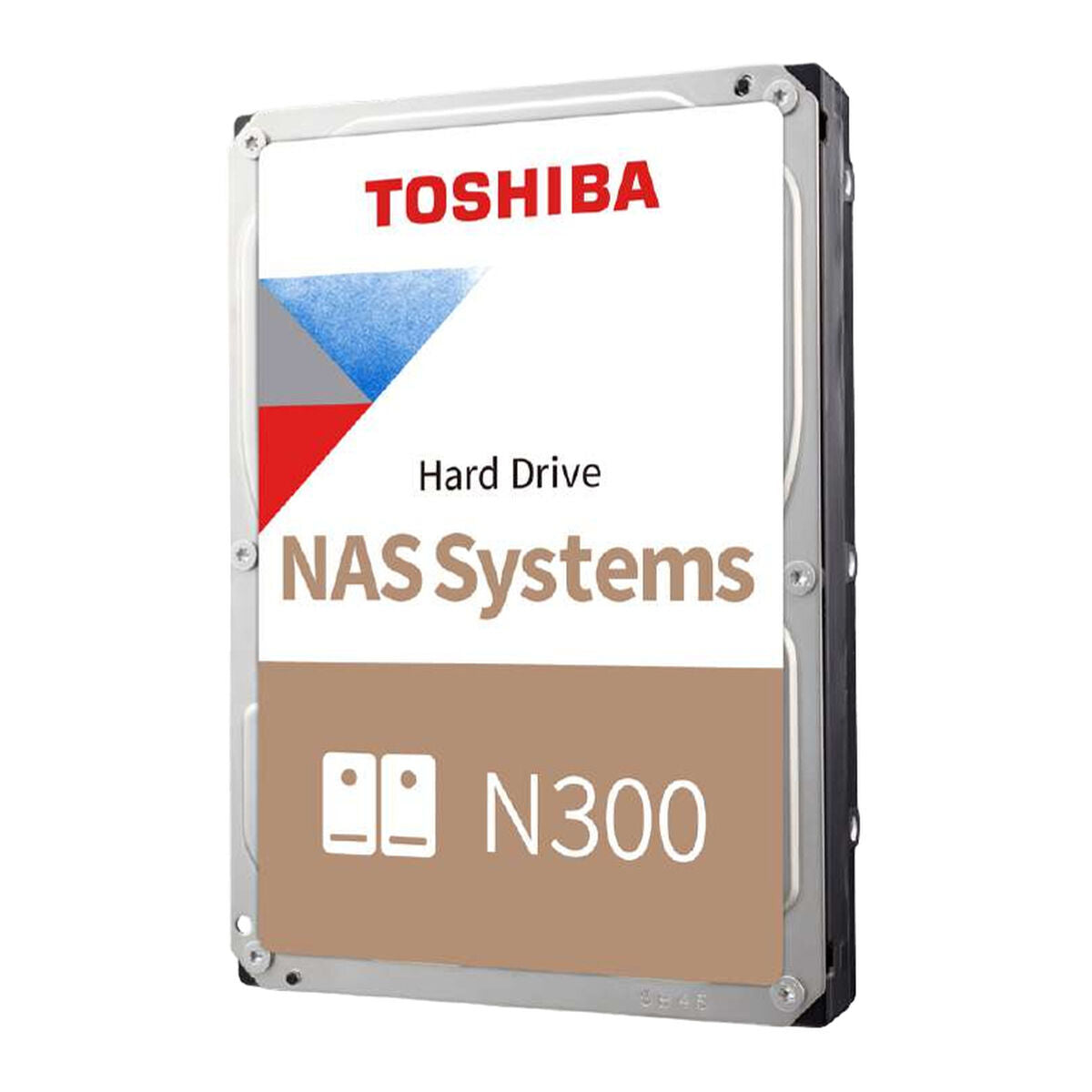 Toshiba N300 NAS-Festplatte mit silbernem Metallgehäuse und weißem Etikett mit roten, blauen und braunen Akzenten.