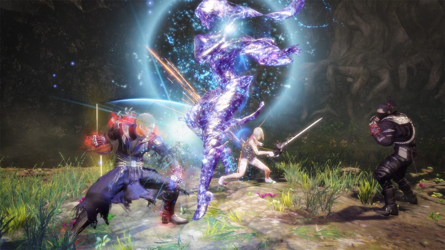 Fantasy-Kampf in der Natur mit Charakteren und einer glühenden violetten Astralfigur.