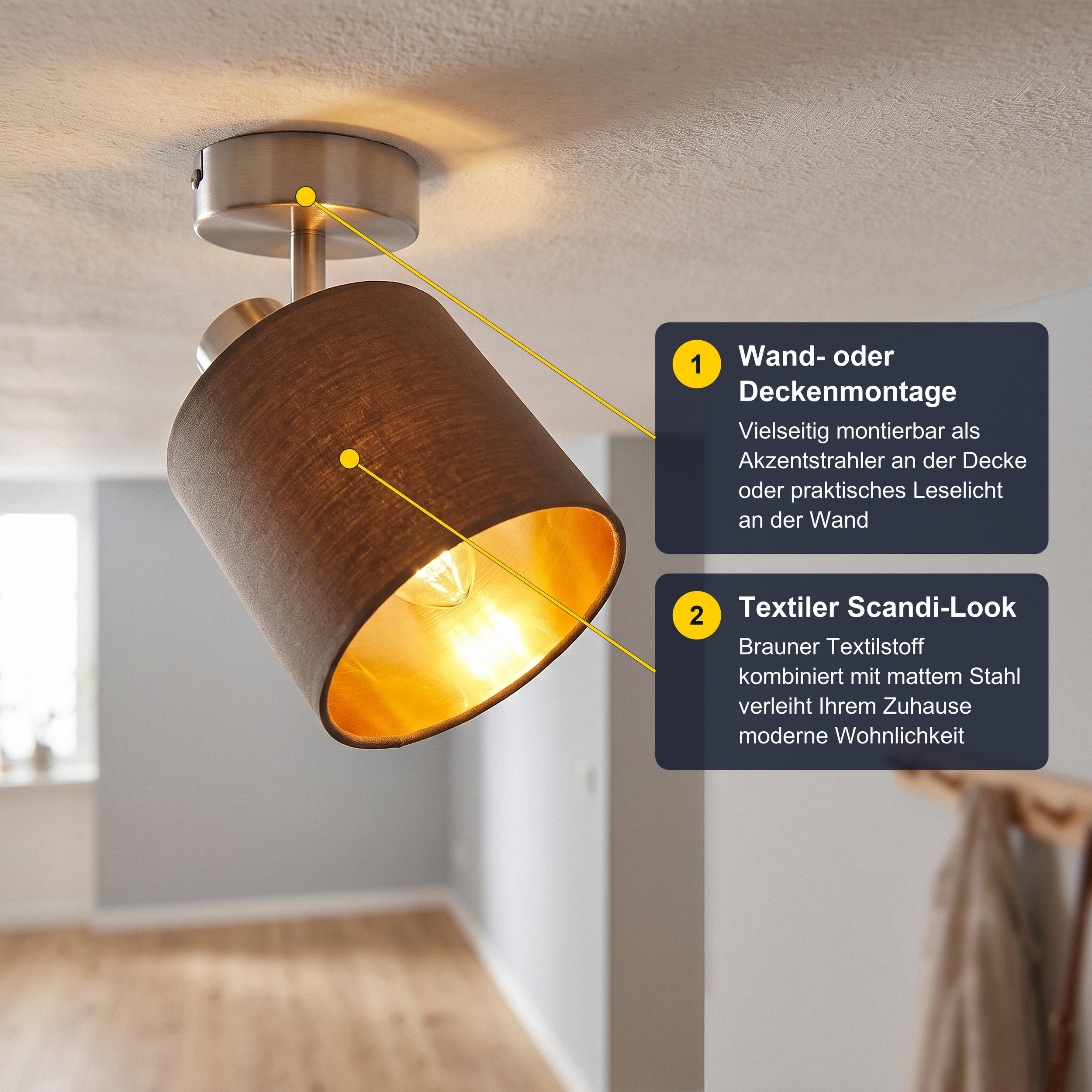 Braune Deckenleuchte mit goldenem Innenreflektor und Textilschirm, montiert an einer hellen Decke.