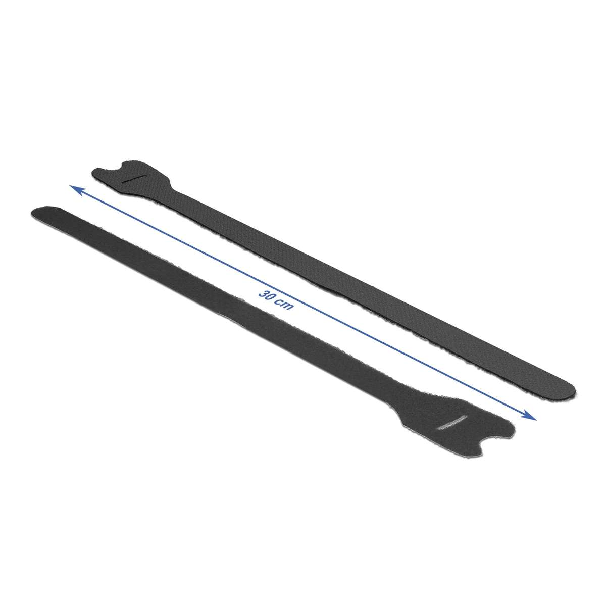 Zwei schwarze 30 cm lange Klettbänder vor weißem Hintergrund.