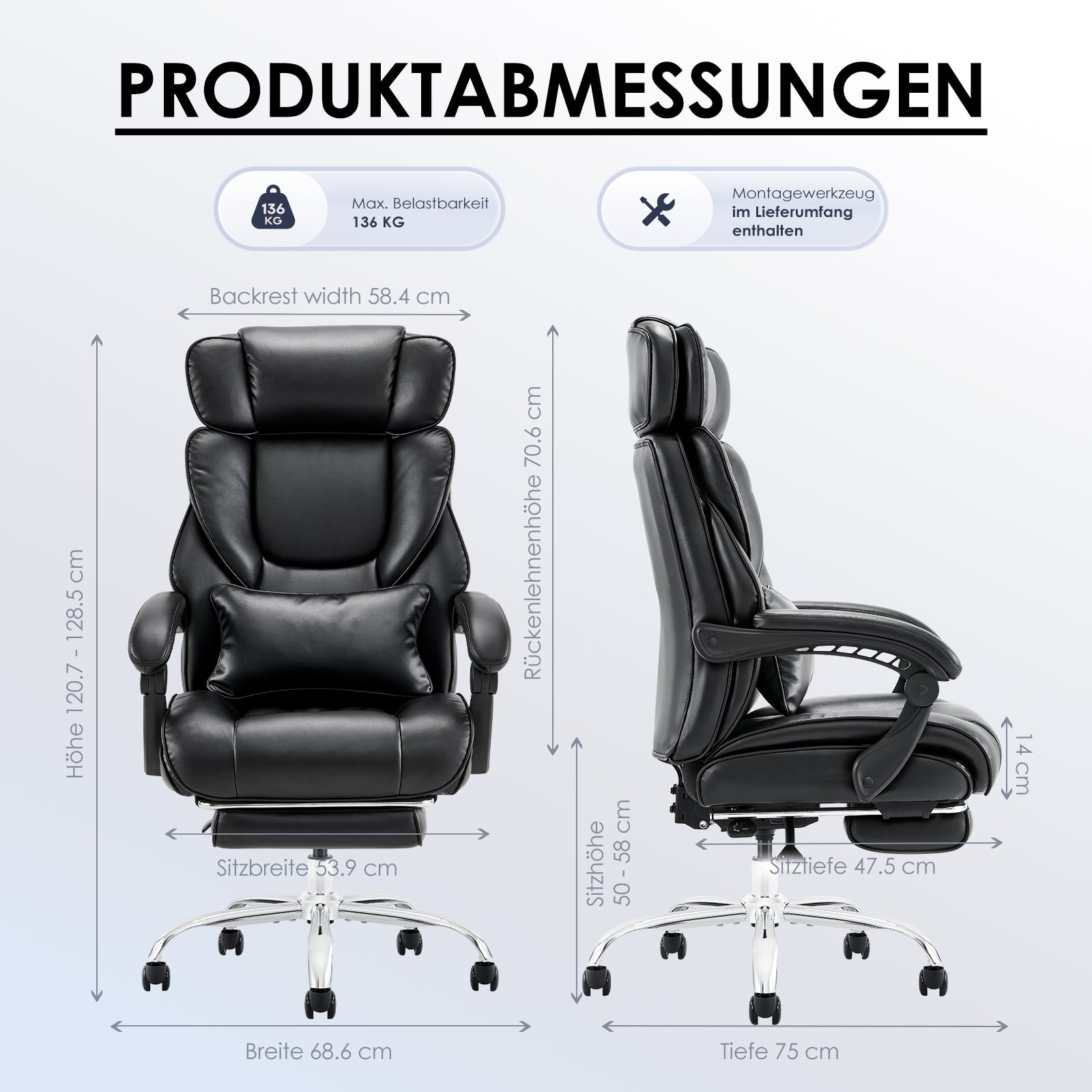 Technische Zeichnung der Produktabmessungen eines schwarzen Chefsessels mit Fußstütze aus Leder.