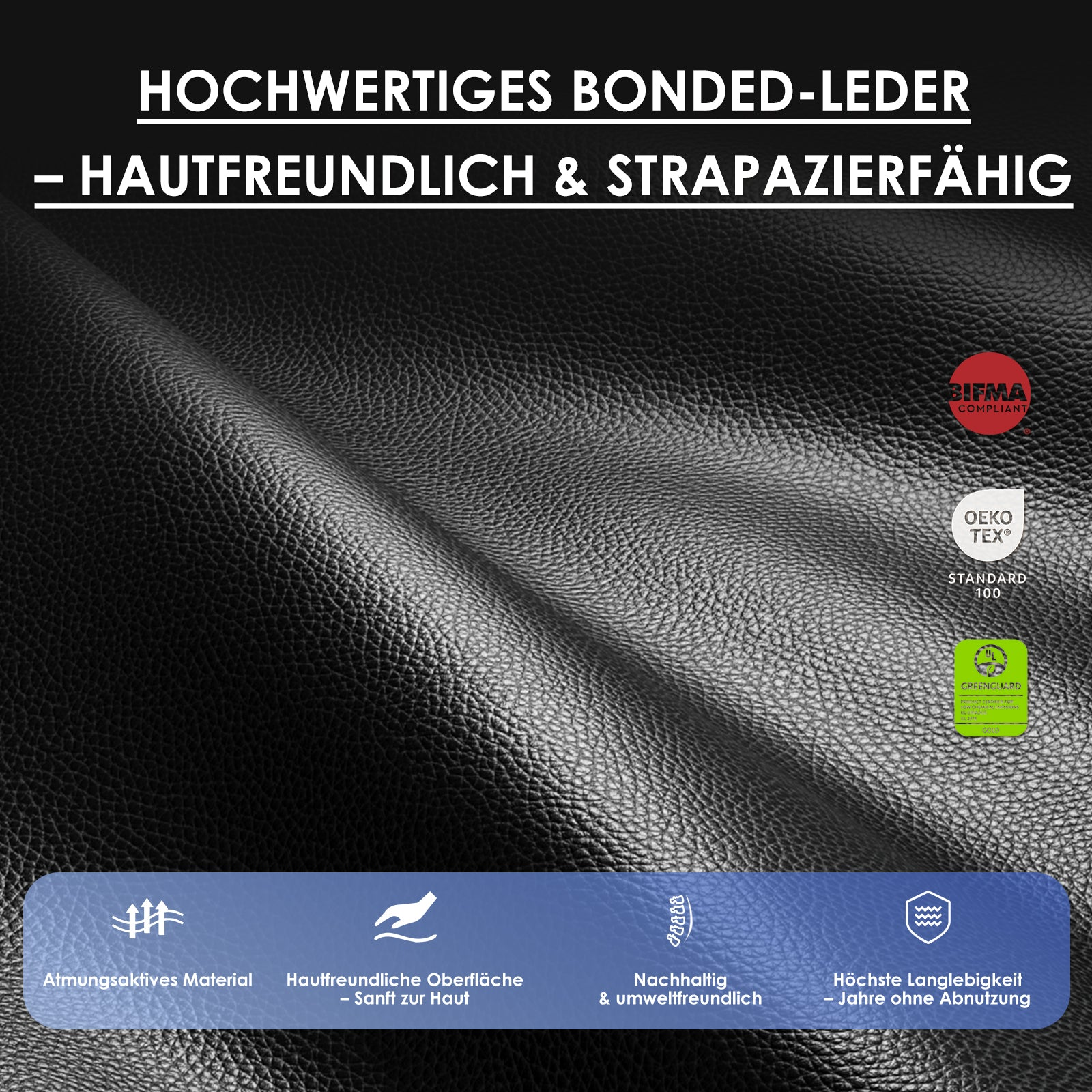 Schwarzes Kunstleder mit Zertifizierungssiegeln und Text über Atmungsaktivität und Langlebigkeit.
