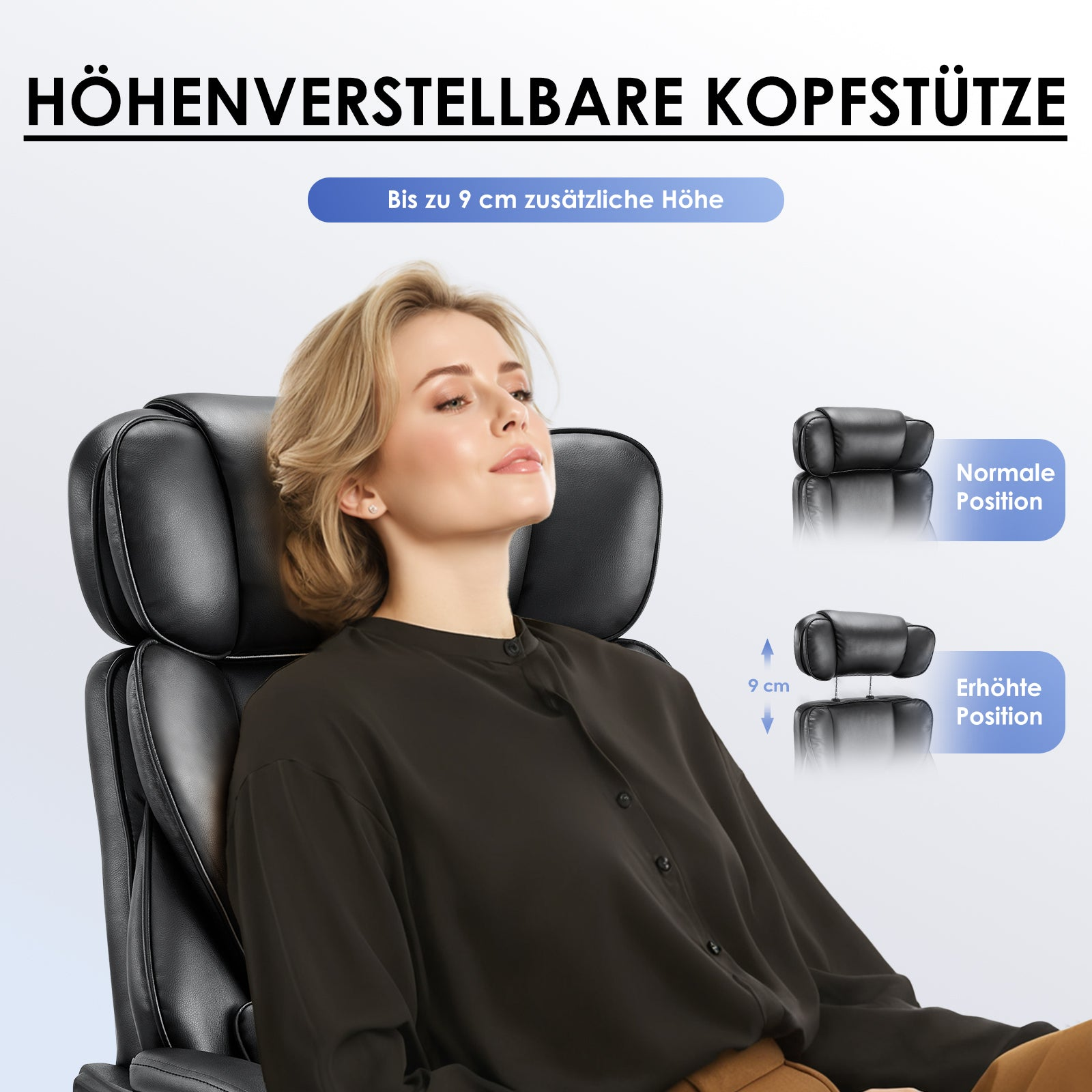 Frau sitzt entspannt in schwarzem Chefsessel mit verstellbarer Kopfstütze.