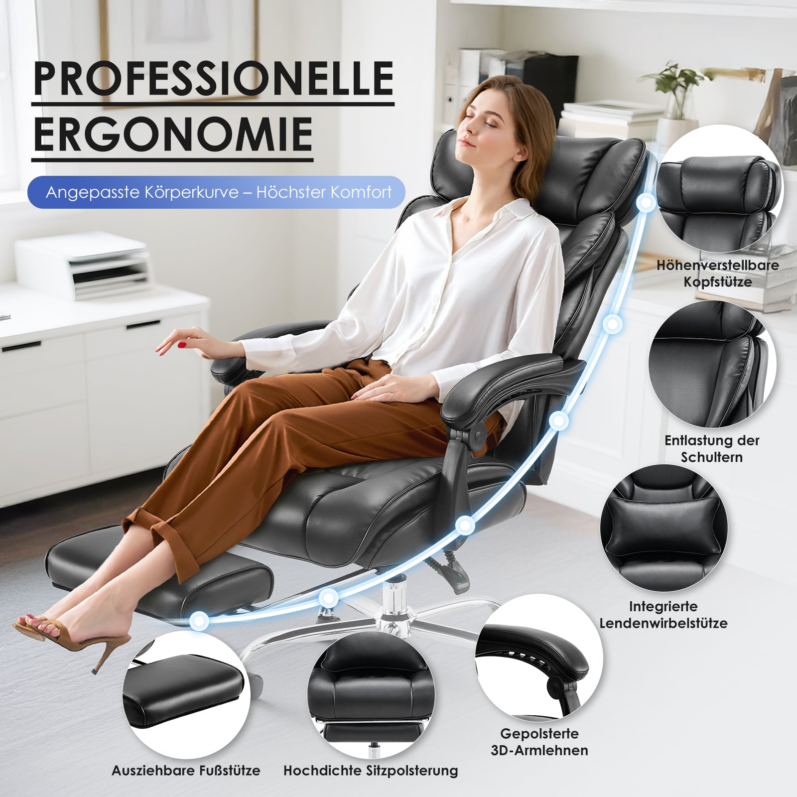 Eine Frau sitzt entspannt auf einem ergonomischen schwarzen Chefsessel mit Fußstütze und Kissen.