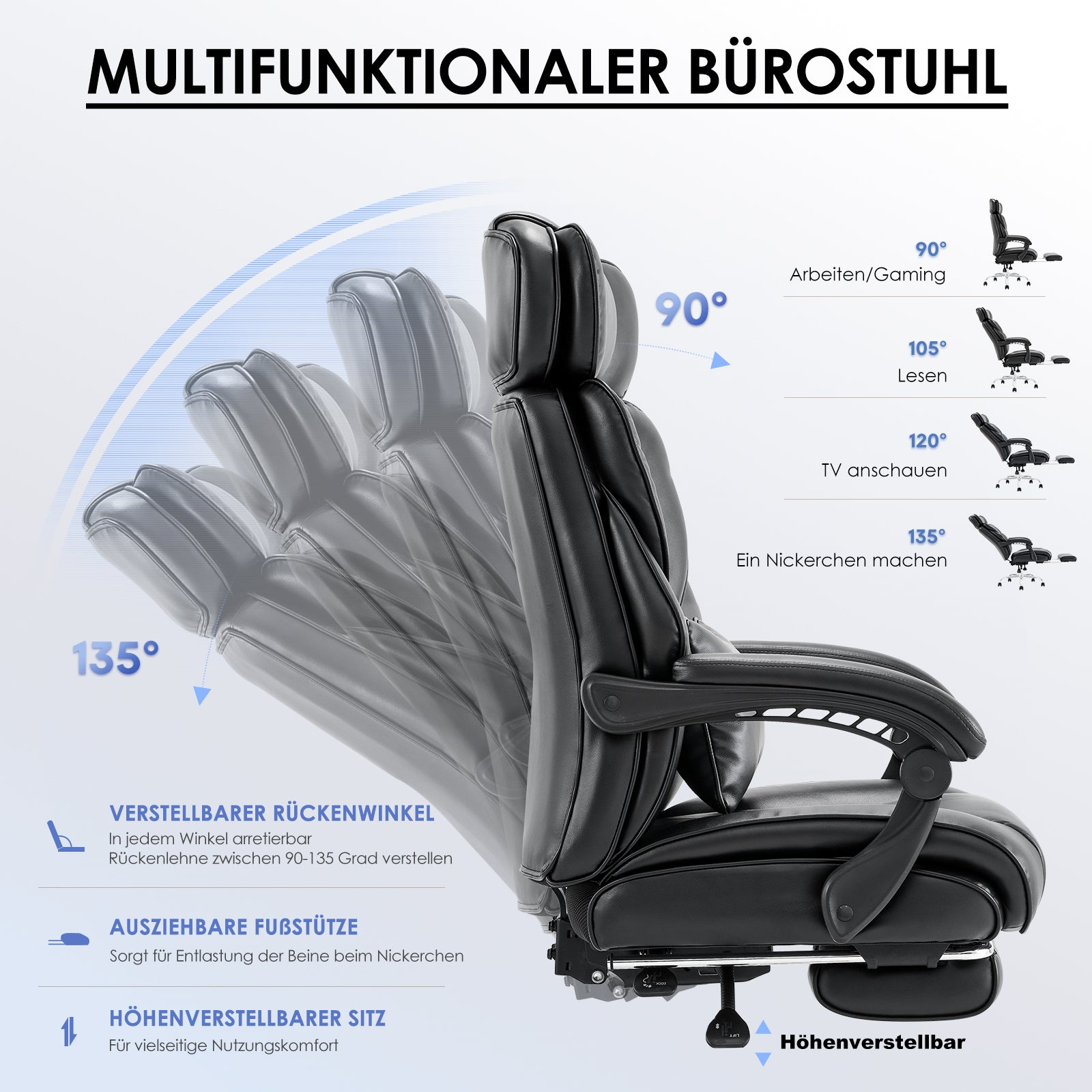 Schwarzer Multifunktions-Bürostuhl mit verstellbarer Rückenlehne und Fußstütze.