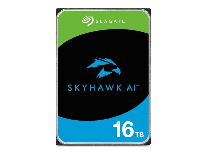 Seagate SkyHawk AI 16TB Festplatte mit grünen, schwarzen und blauen Elementen.
