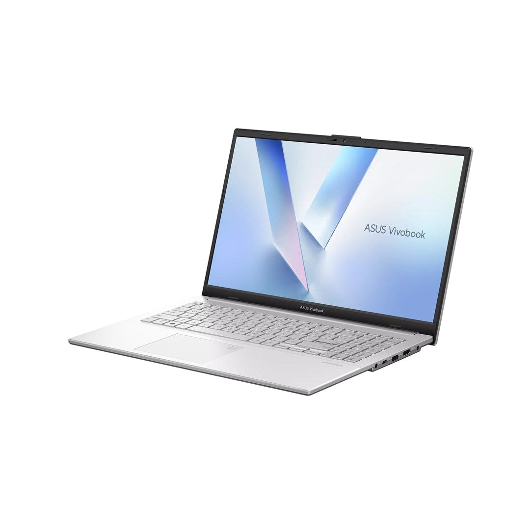Ein silberner ASUS Vivobook Laptop mit offenem Bildschirm und blauer Hintergrundgrafik auf weißem Hintergrund.