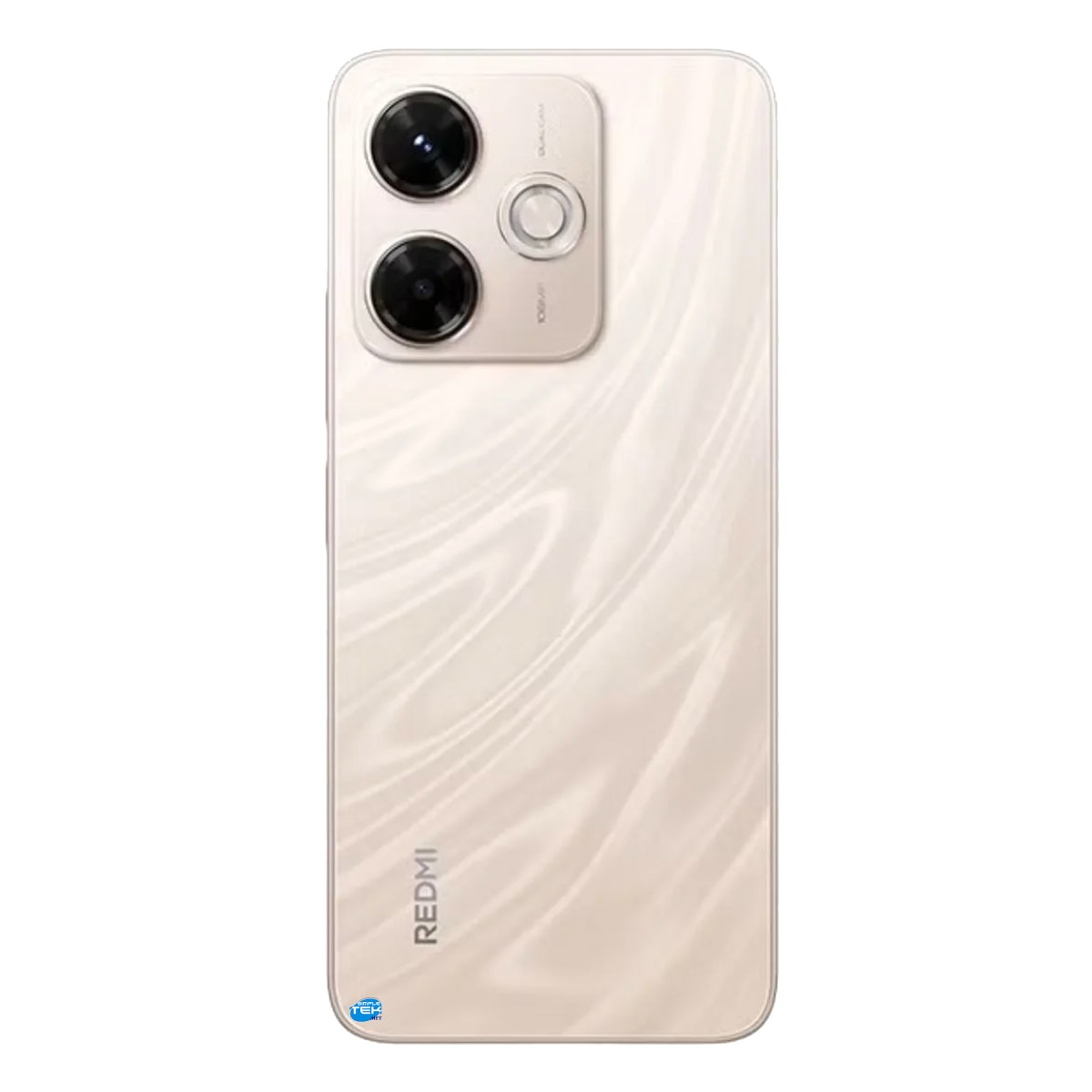 Il retro di uno smartphone Redmi beige con un modulo a doppia fotocamera in alto a sinistra e il logo Redmi in basso.