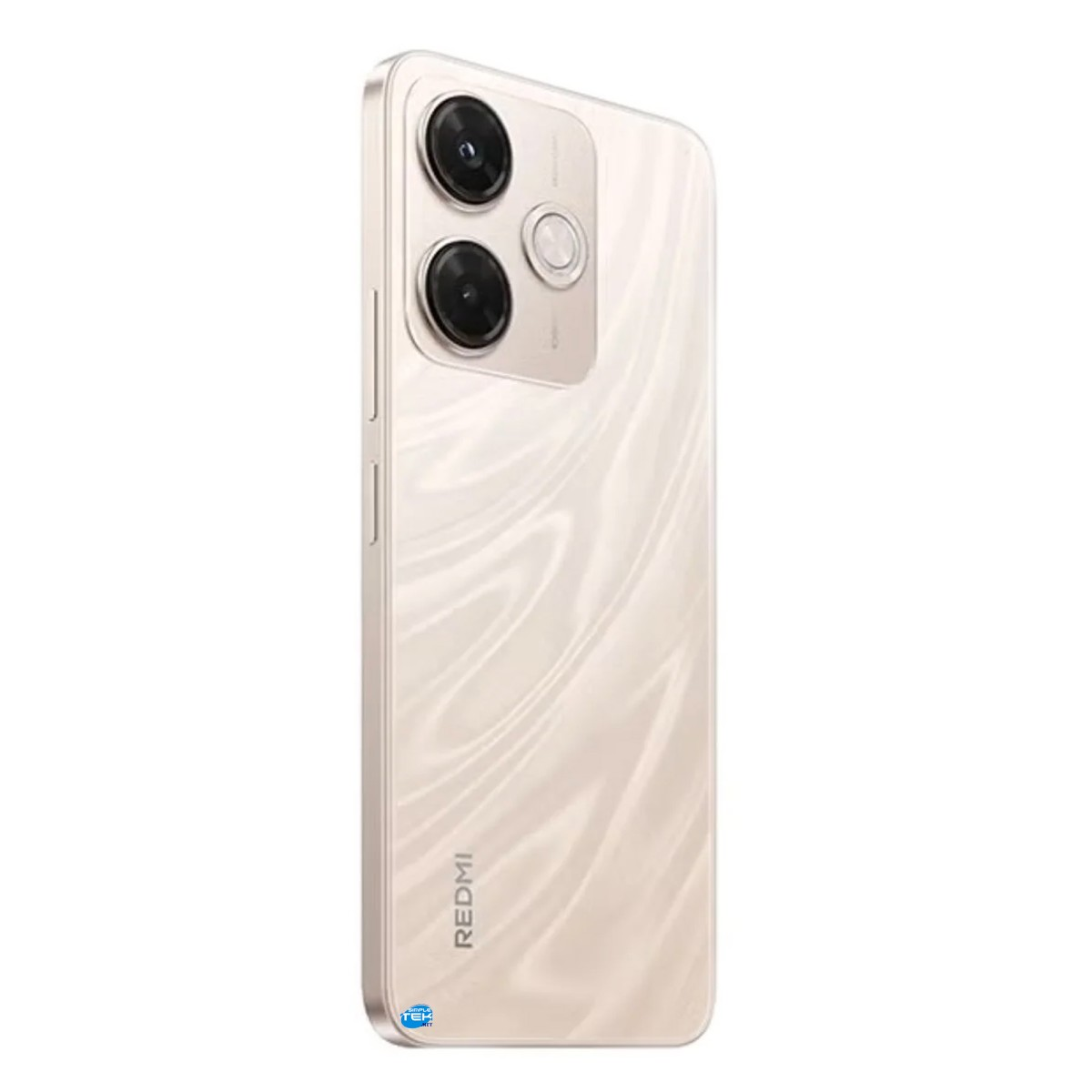 Smartphone Redmi color oro, retro con due fotocamere e motivo ondulato.