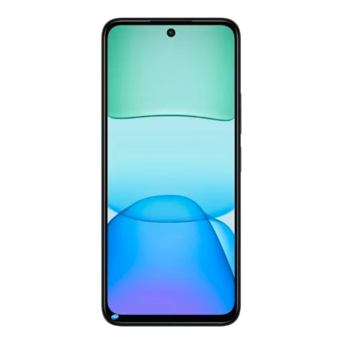 Uno smartphone nero con angoli arrotondati e uno sfondo colorato nei toni del blu e del verde.