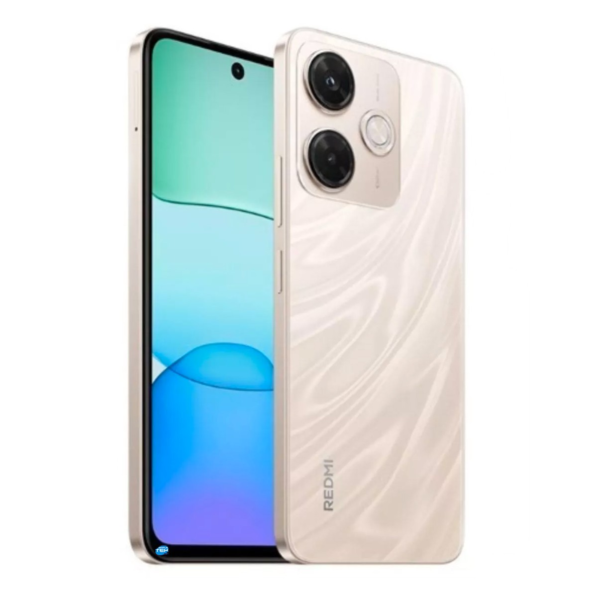 Uno smartphone Redmi bianco mostra la parte anteriore e posteriore con due fotocamere.