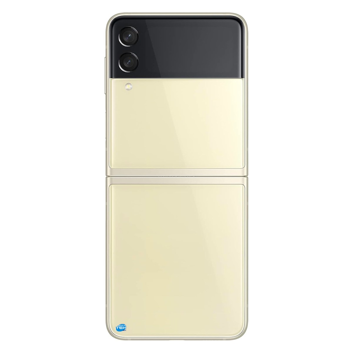 Retro di uno smartphone pieghevole color crema con modulo a doppia fotocamera e flash su sfondo bianco.