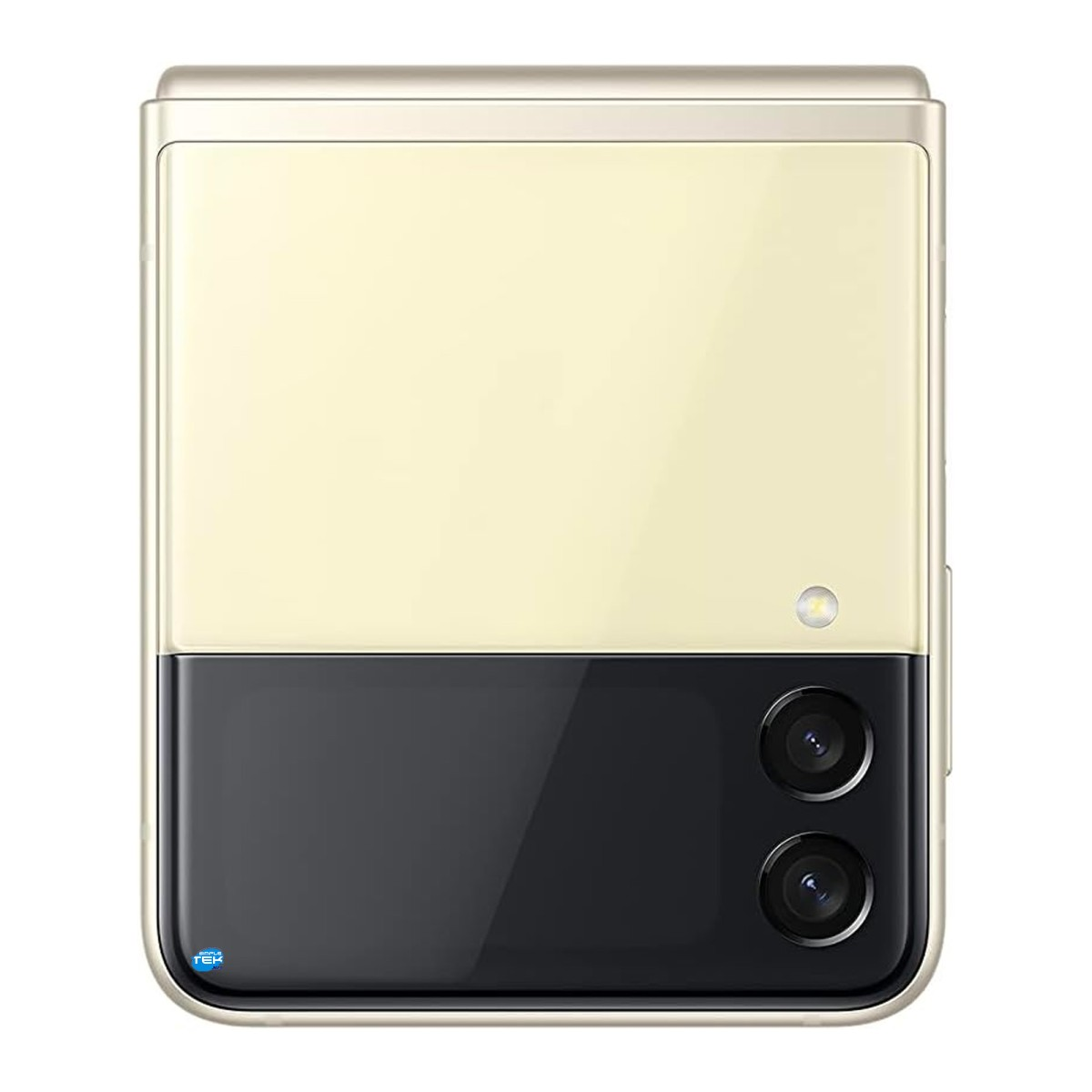 Smartphone pieghevole chiuso, con parte superiore crema, schermo nero e due fotocamere su sfondo bianco.