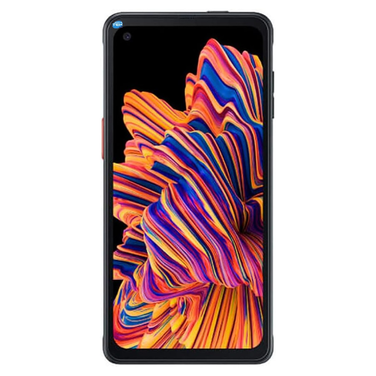 Smartphone nero con un motivo astratto e colorato sullo schermo.