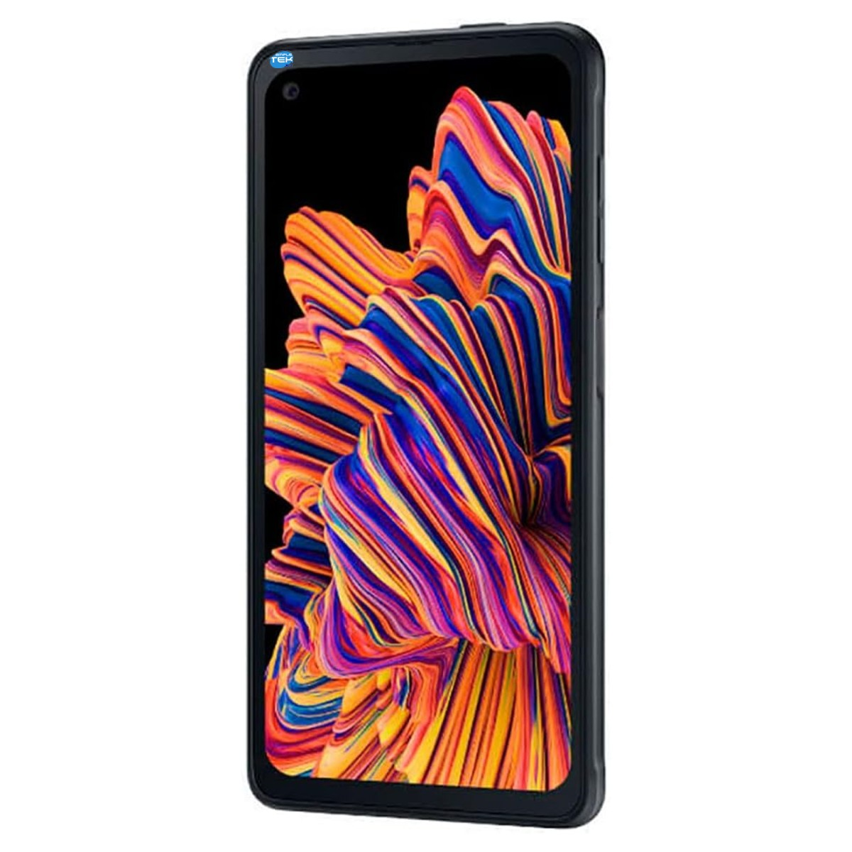 Uno smartphone nero con uno sfondo astratto e colorato sullo schermo.