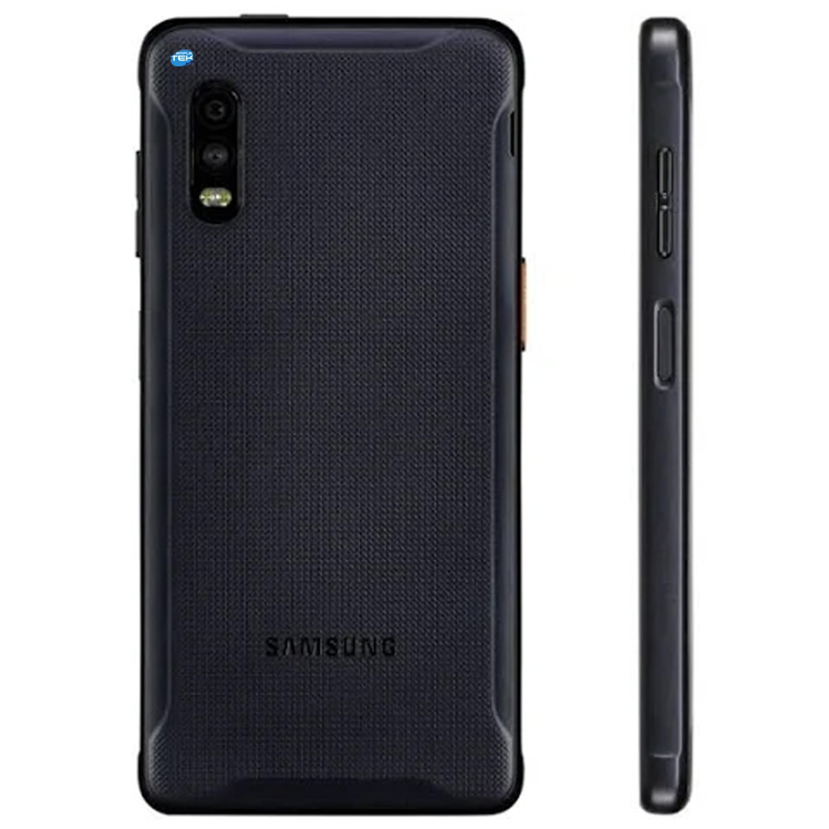 Vista posteriore e laterale di uno smartphone Samsung nero con cover testurizzata.