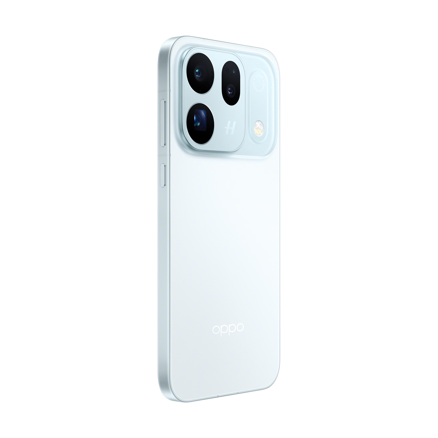 Retro di uno smartphone Oppo azzurro con un modulo fotocamera quadrato in alto a sinistra e logo Oppo.
