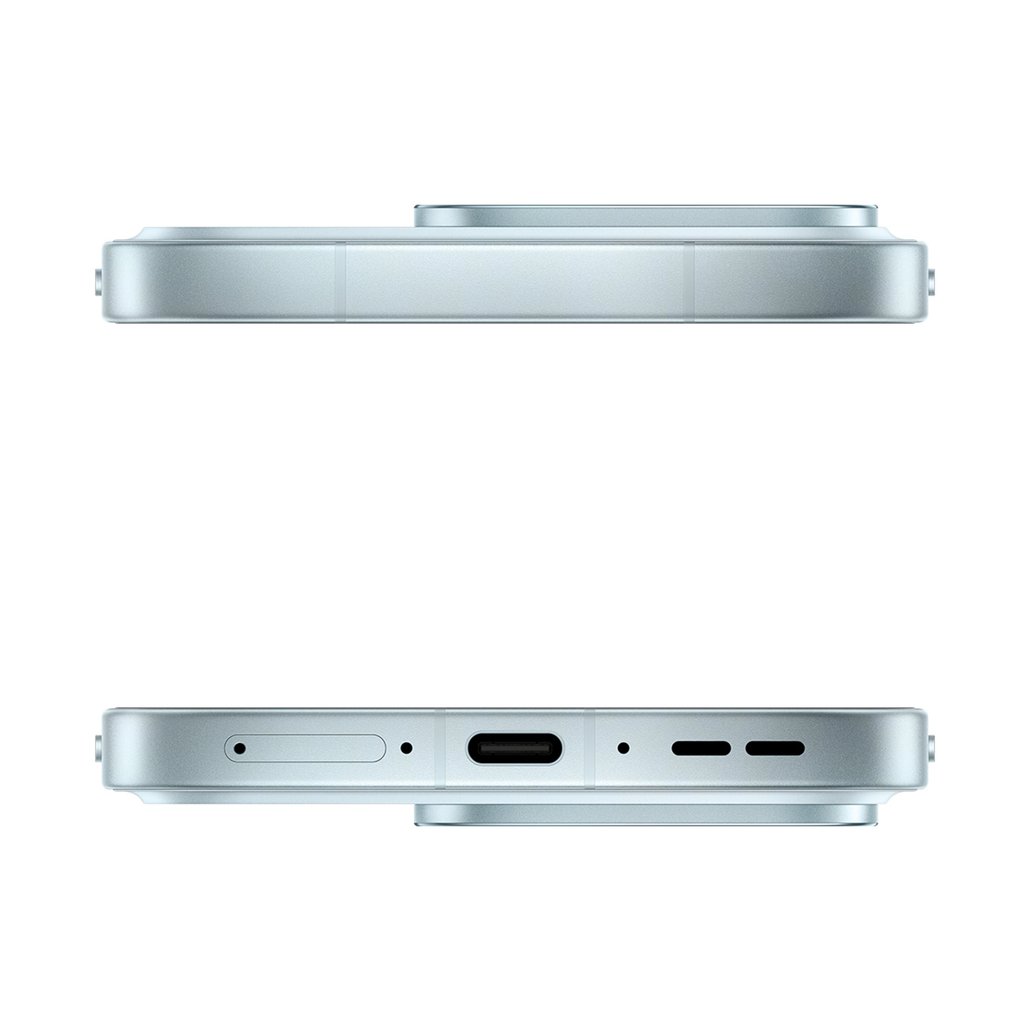 Lati superiore e inferiore di uno smartphone azzurro con modulo fotocamera, porta USB-C, altoparlante e carrellino SIM.