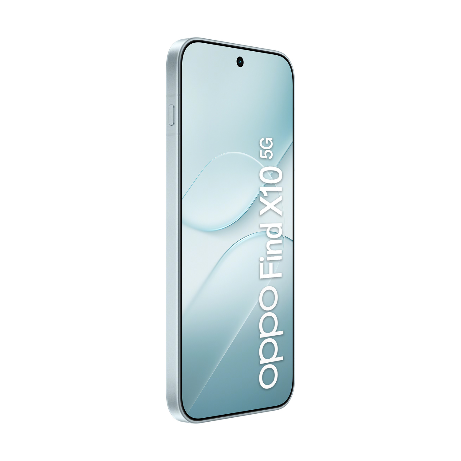 Uno smartphone argentato Oppo Find X10 5G di profilo mostra lo schermo con testo su sfondo chiaro.
