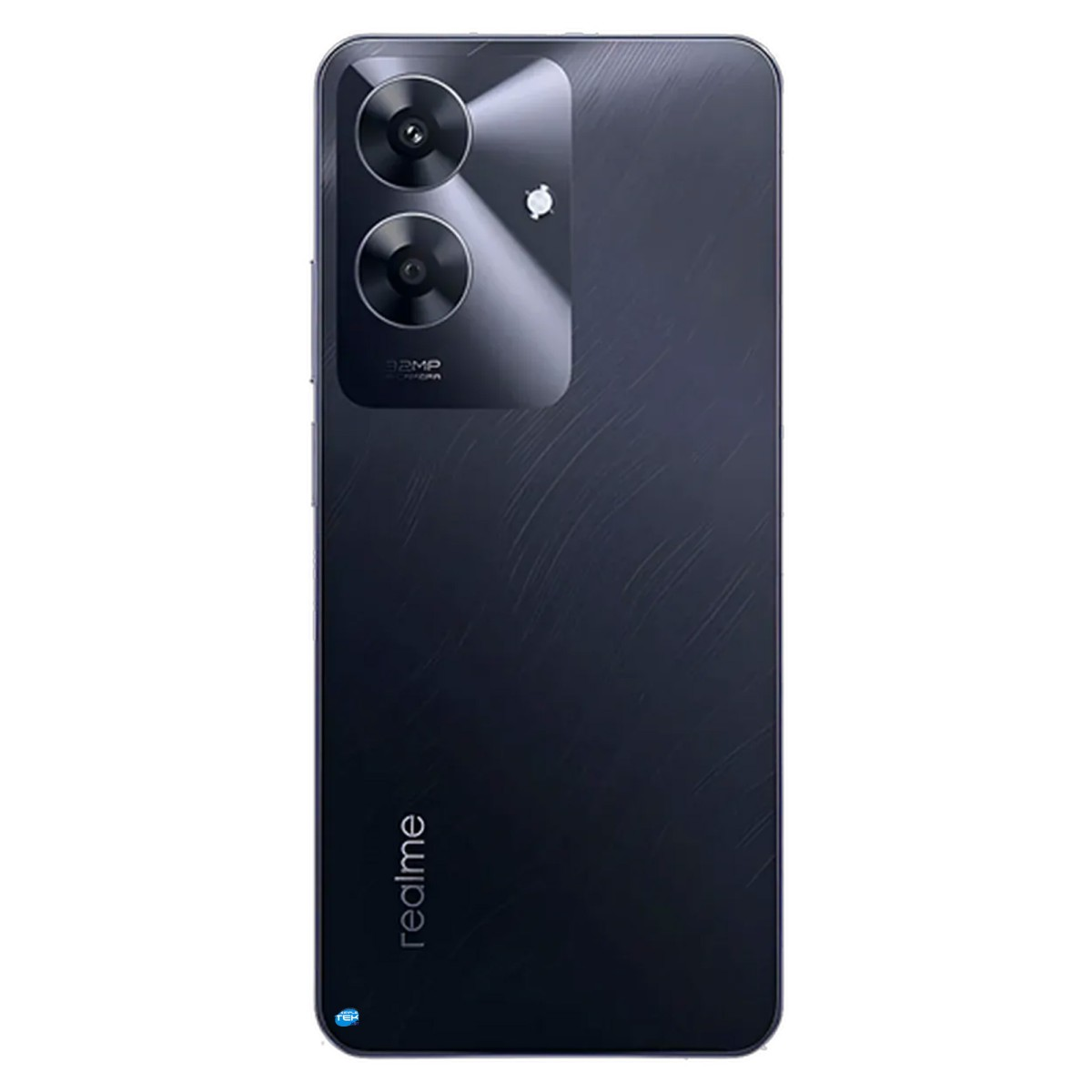 Retro di uno smartphone Realme nero con due obiettivi verticali e logo del marchio in basso.