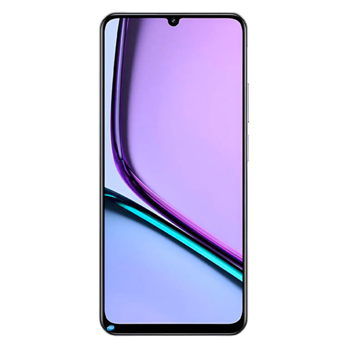 Smartphone nero con sfondo astratto viola e blu brillante e notch a goccia.