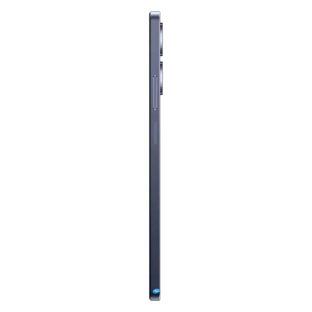 Vista laterale di uno smartphone grigio sottile con pulsanti visibili.