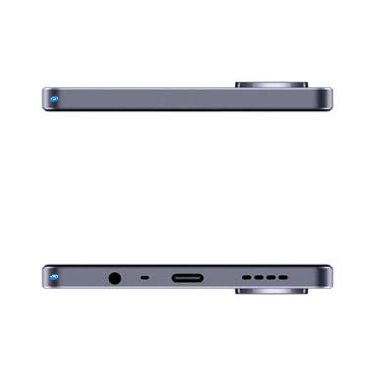Vista laterale di un sottile smartphone grigio con porte in basso.