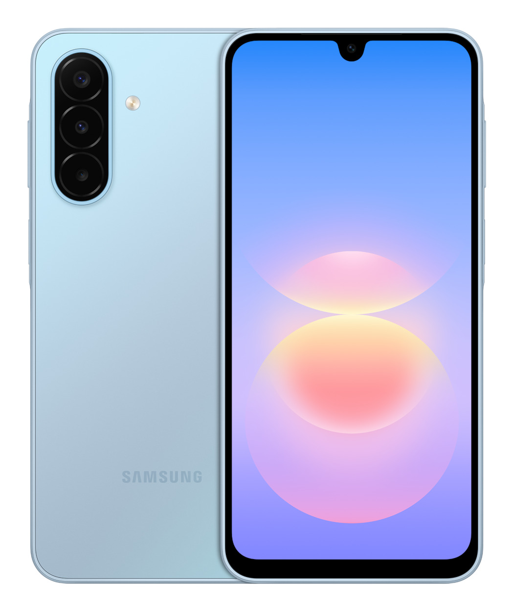 Uno smartphone Samsung azzurro con tre fotocamere posteriori e uno schermo colorato.
