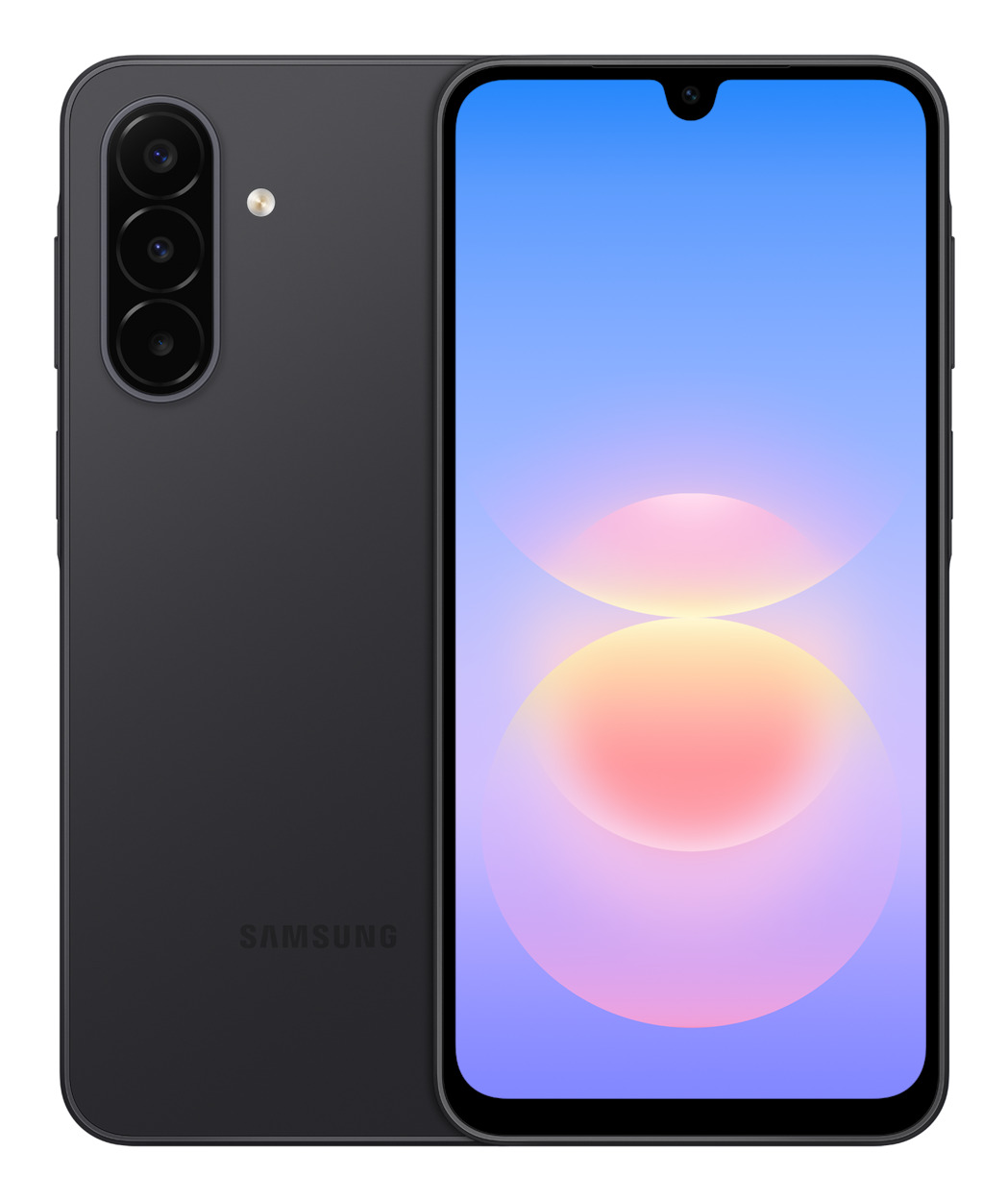 Uno smartphone nero mostra la vista frontale e posteriore, con tripla fotocamera e uno sfondo astratto luminoso.