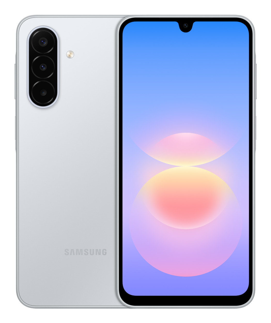 Uno smartphone bianco mostrato di fronte con schermo blu e sul retro con tre fotocamere verticali.