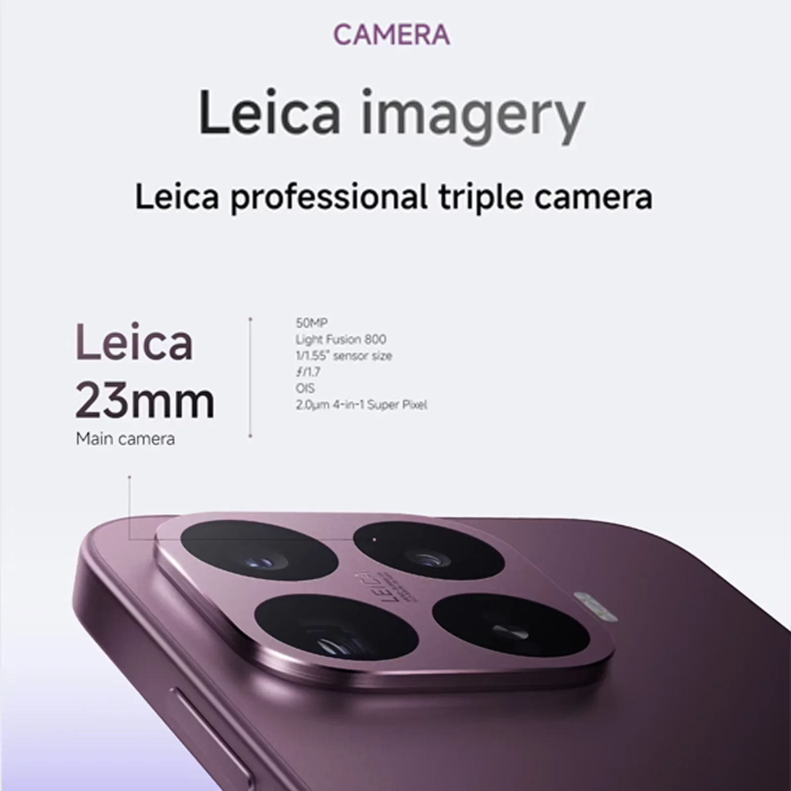 Smartphone-Rückseite mit Leica-Dreifachkamera und technischen Details.