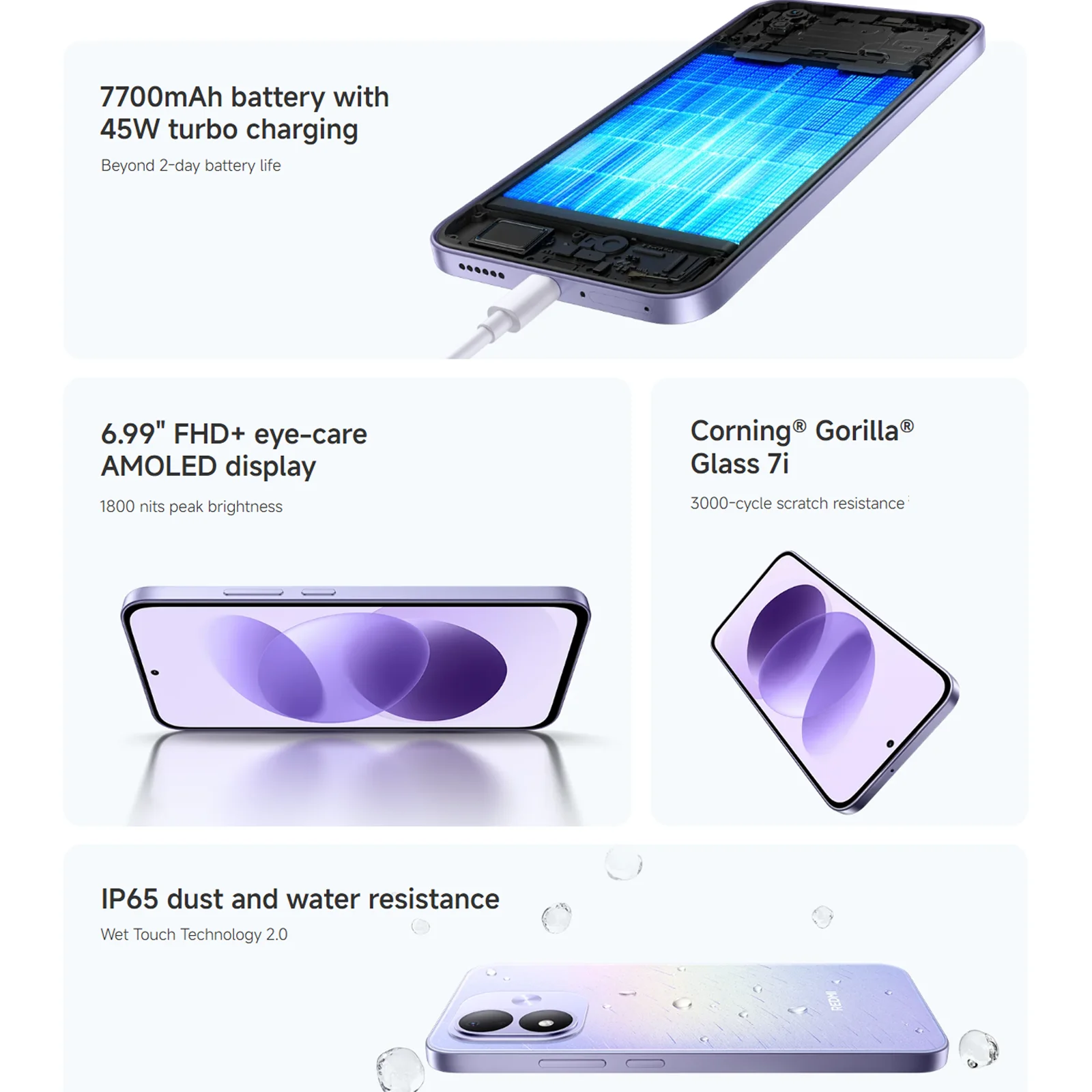 Smartphone-Funktionen mit Akku, AMOLED-Display, kratzfestem Glas und Wasserschutz.