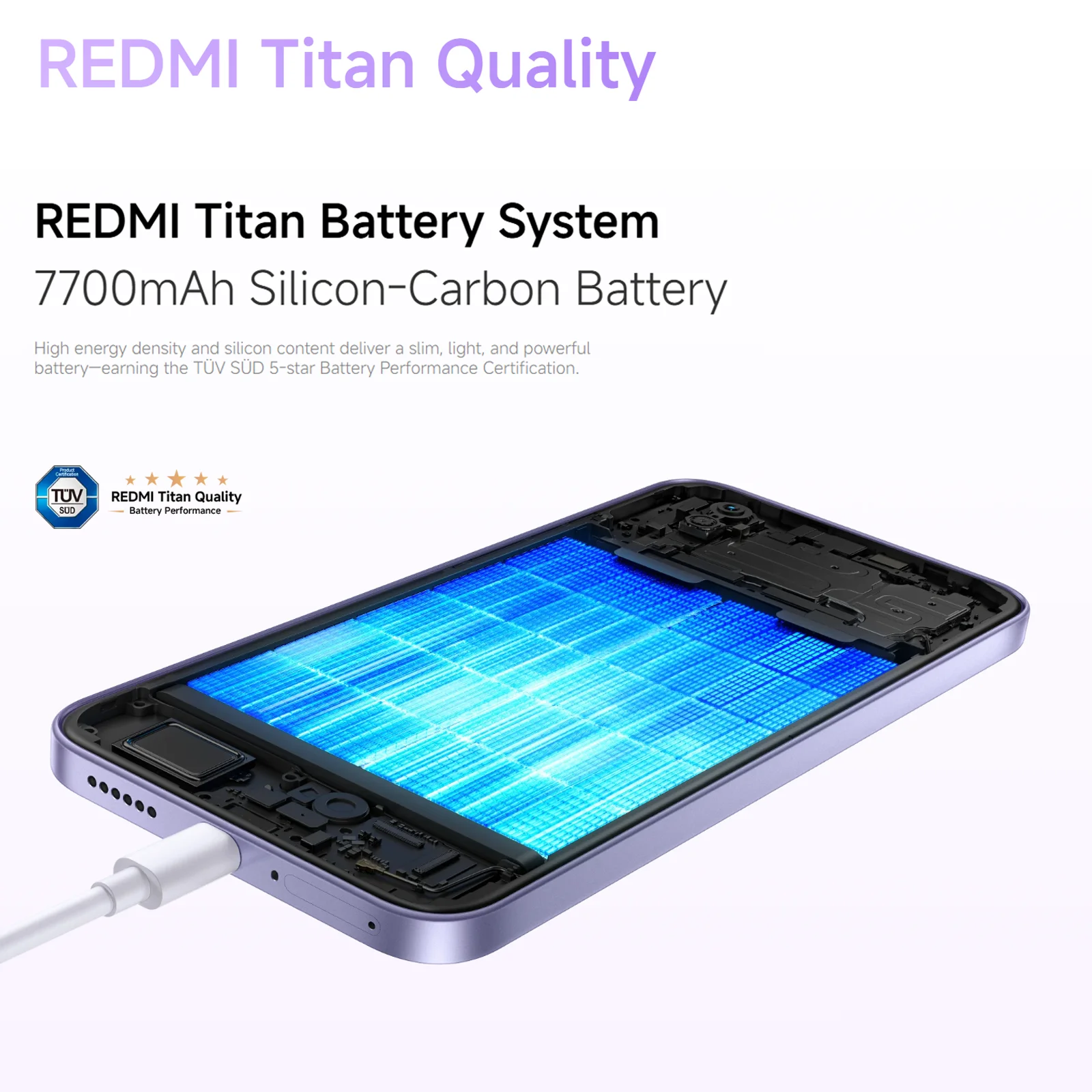 Smartphone mit offenem Gehäuse zeigt leuchtend blaue Silizium-Kohlenstoff-Batterie.
