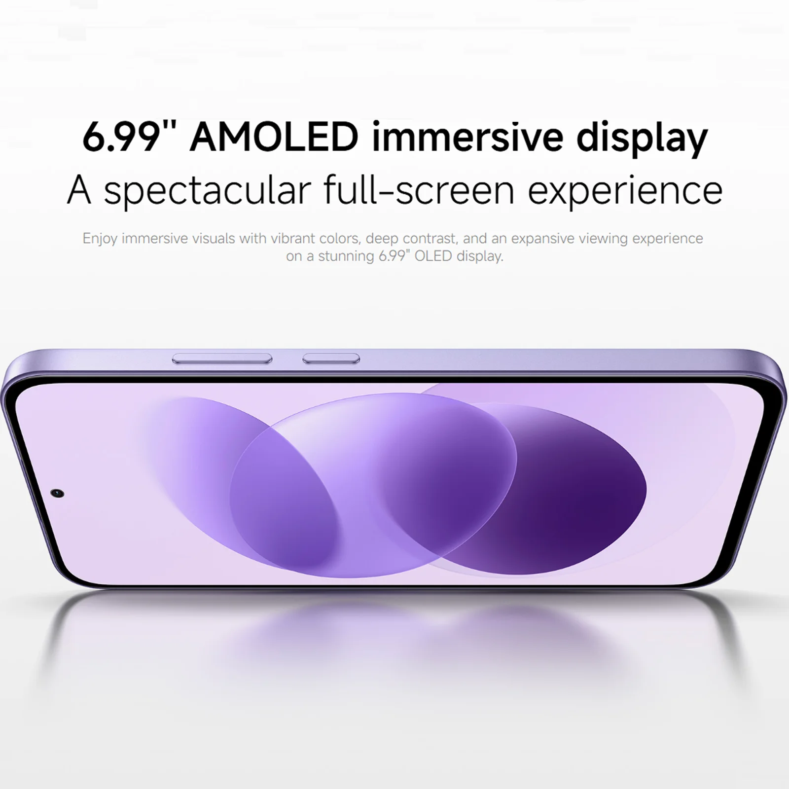 Ein violettes Smartphone zeigt ein lebendiges Display mit runden Grafikelementen und Text.