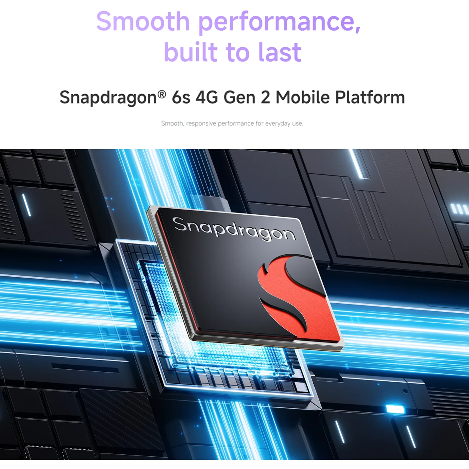 Snapdragon-Prozessor auf einer Platine mit blauen Lichteffekten und Text über die Leistung.