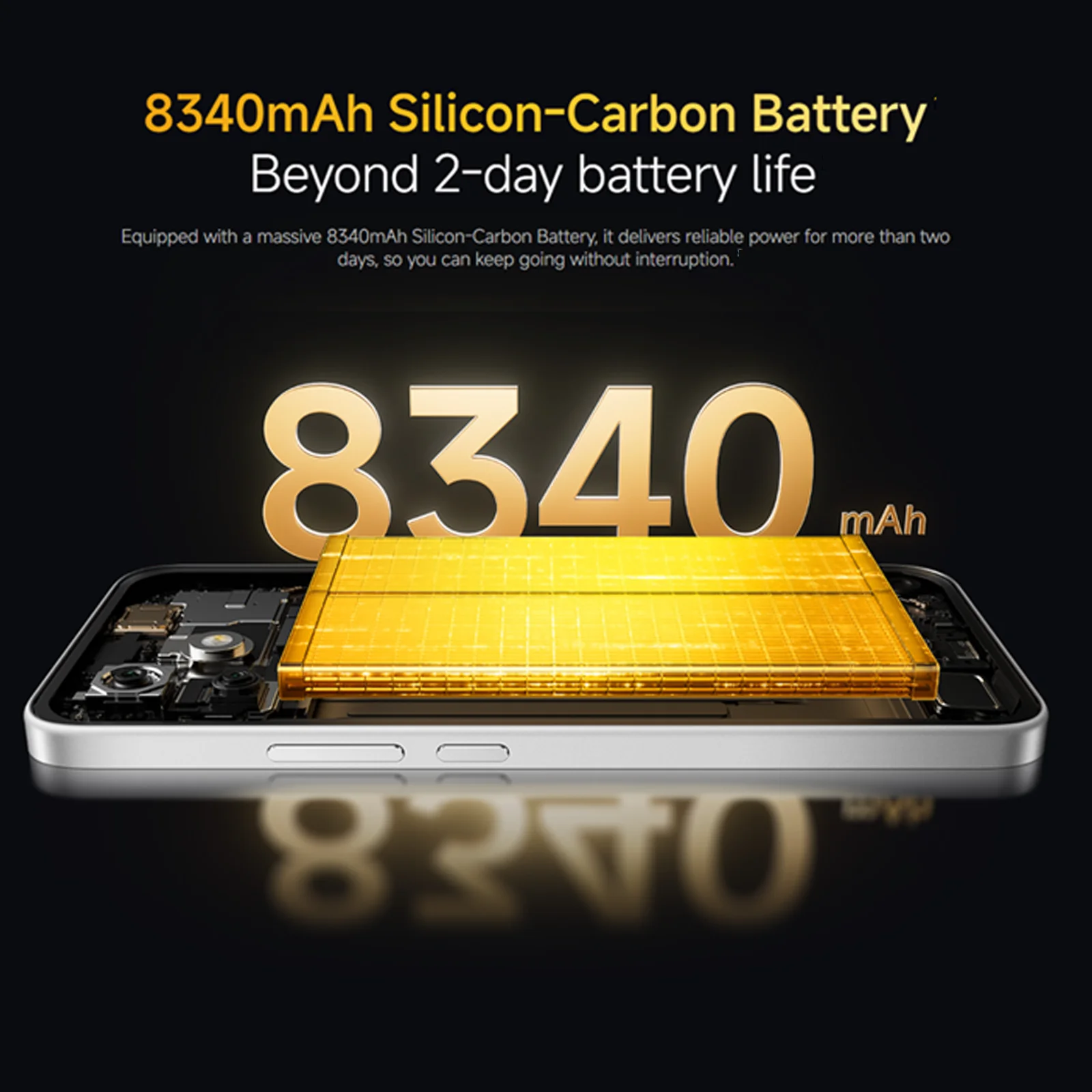 Ein Smartphone zeigt eine goldene 8340mAh Batterie mit Text über zweitägige Akkulaufzeit.