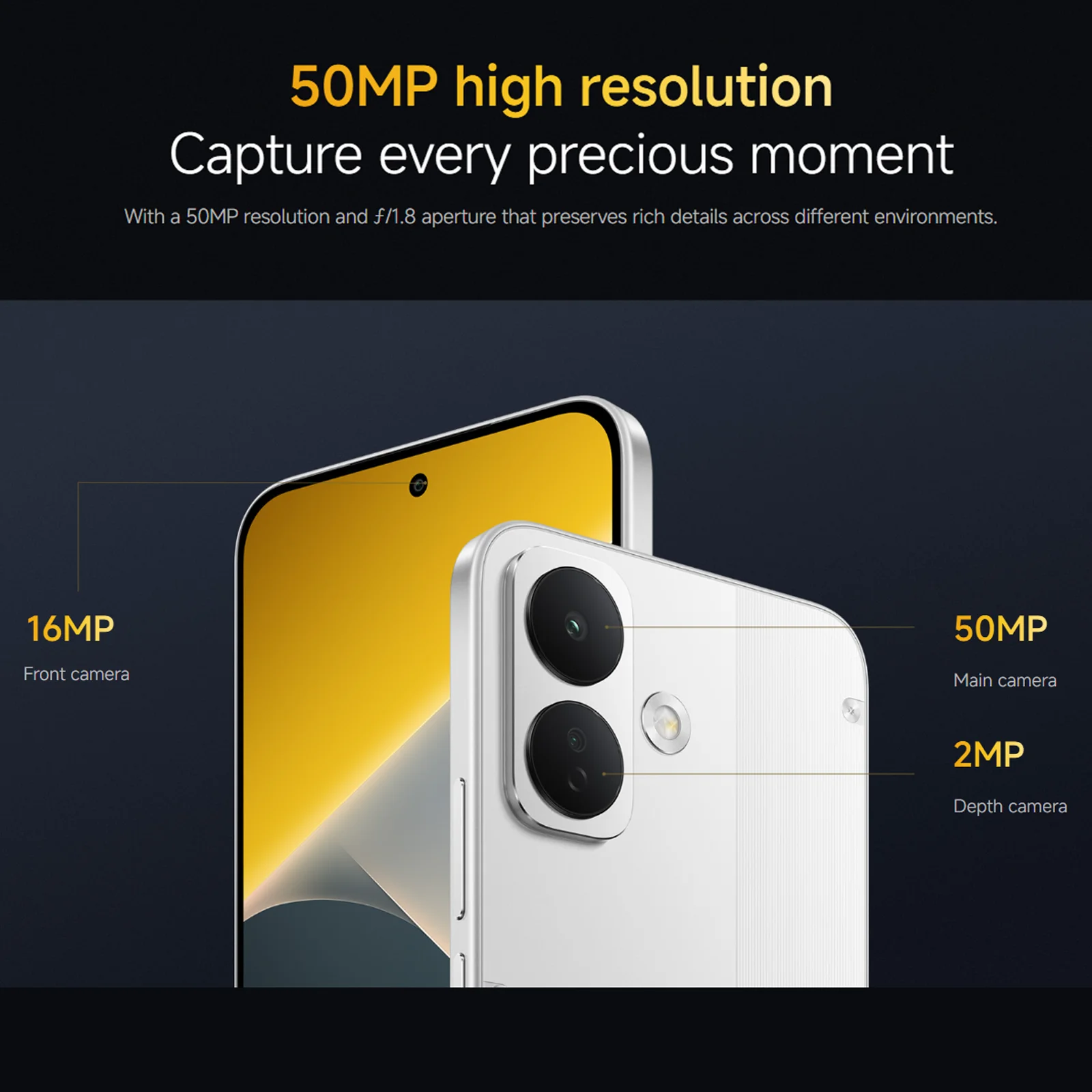 Smartphone mit 50MP-Hauptkamera, 2MP-Tiefenkamera und 16MP-Frontkamera auf dunklem Hintergrund.