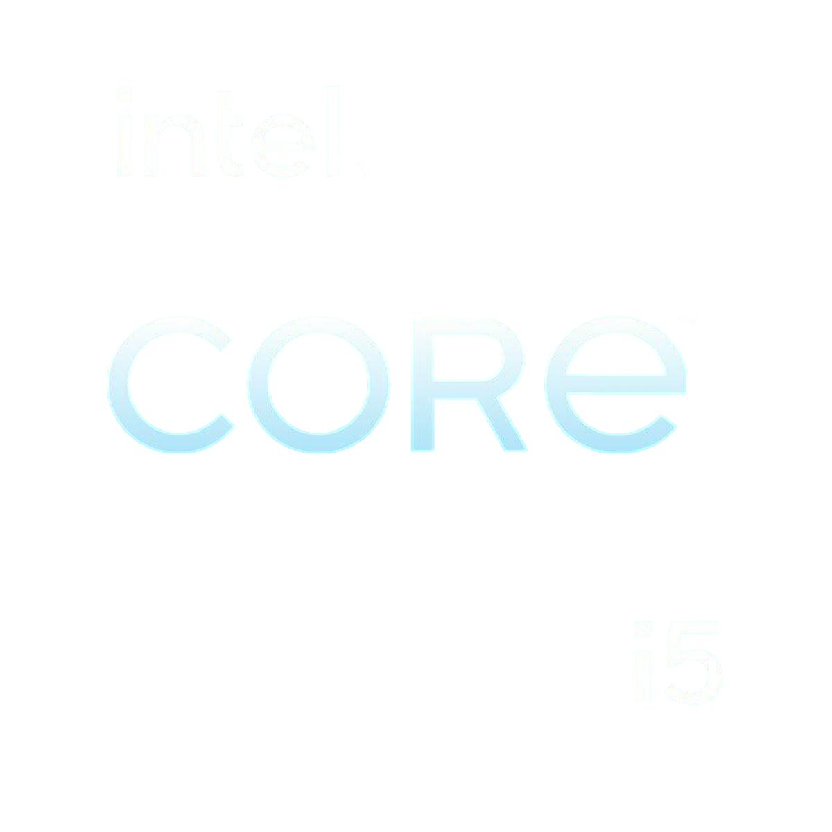 Düz bir arka plan üzerinde yumuşak mavi ve beyaz renklerde Intel Core i5 logosu.