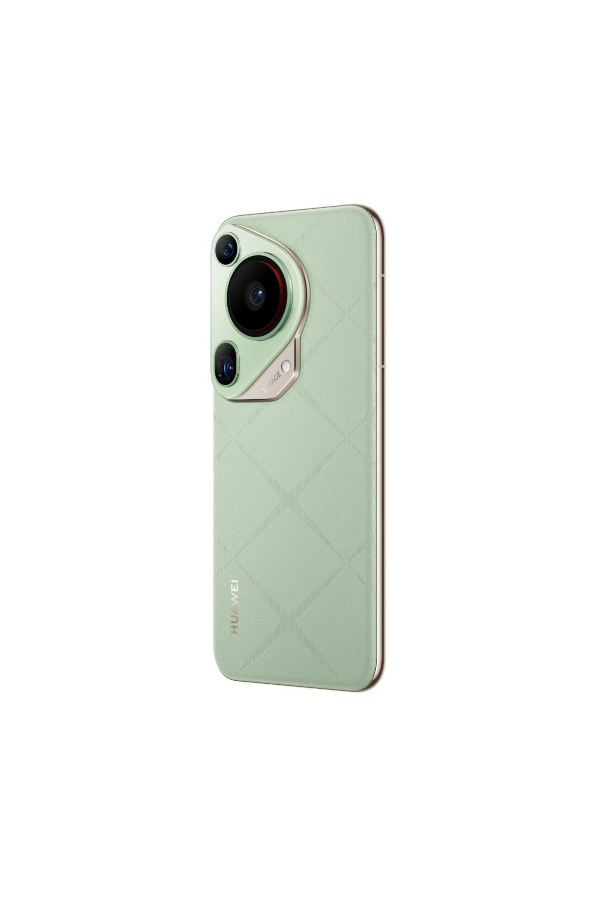 Un smartphone Huawei verde claro con trasera acolchada y cámara circular sobre fondo blanco.