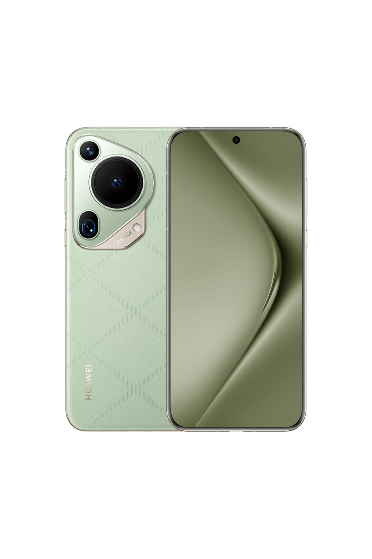 Smartphone Huawei verde con trasera texturizada y gran pantalla sobre fondo blanco.