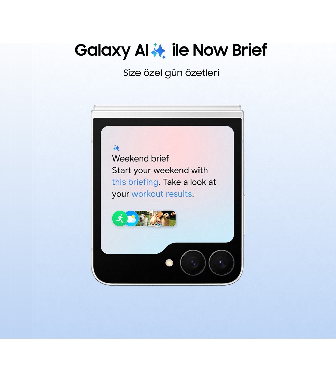 Katlanabilir bir akıllı telefon dış ekranında hava durumu ve fitness özeti gösteriyor.