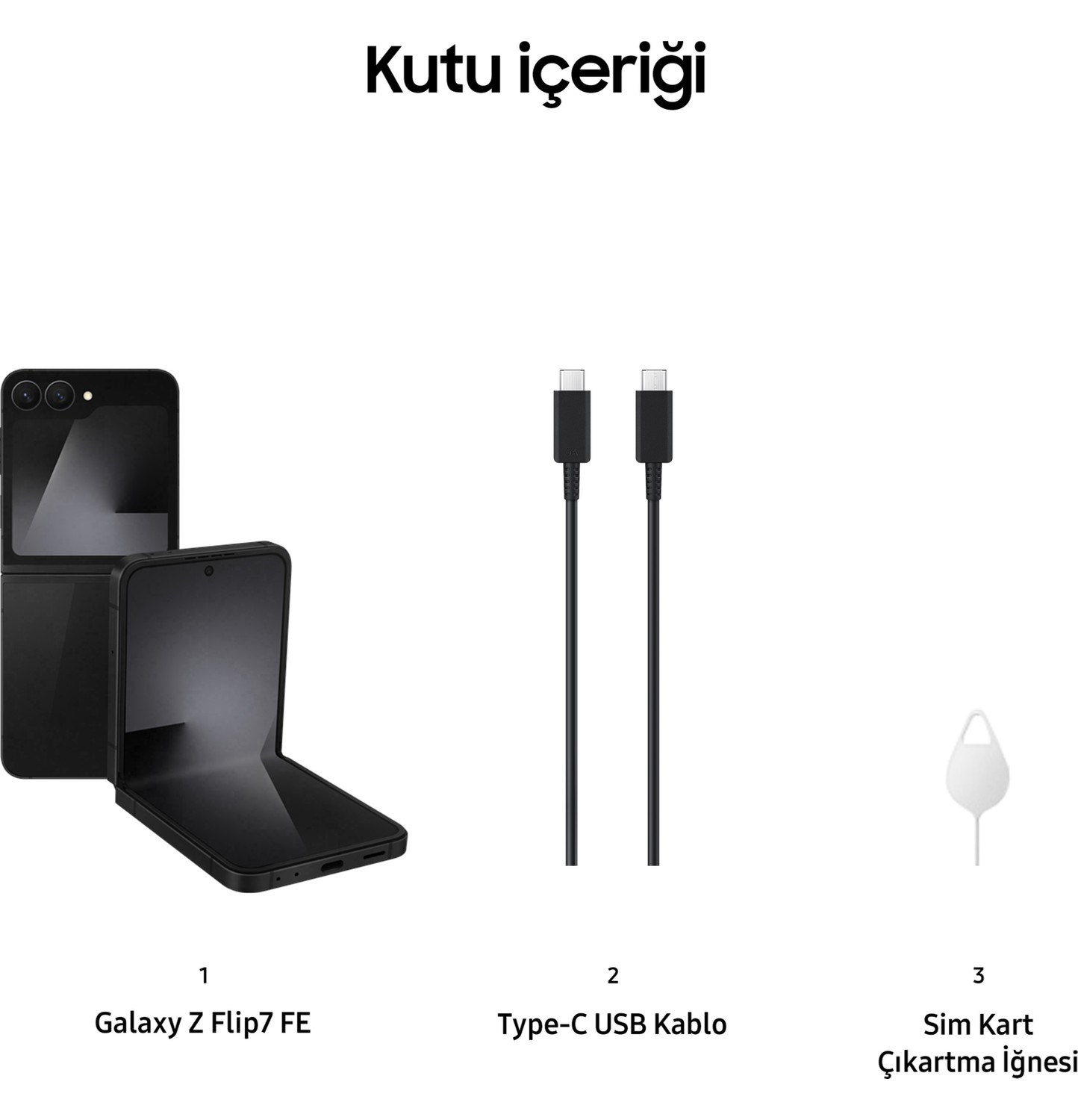 Siyah katlanabilir telefon, Type-C USB kablo ve sim kart çıkartma iğnesini gösteren kutu içeriği.