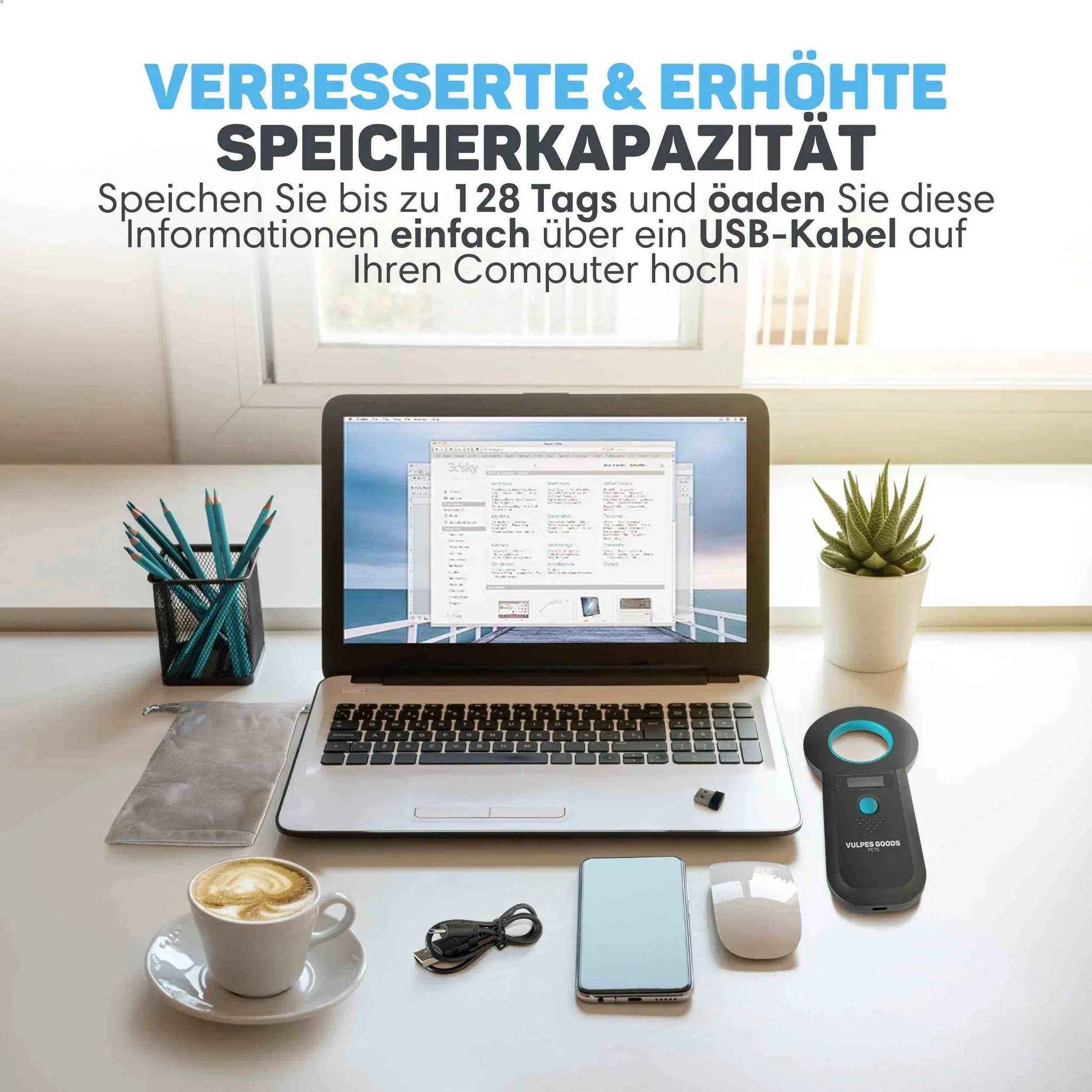 Ein Laptop, eine Tasse Kaffee, ein Stiftehalter, eine Pflanze, ein USB-Gerät und Text auf dem Bild.