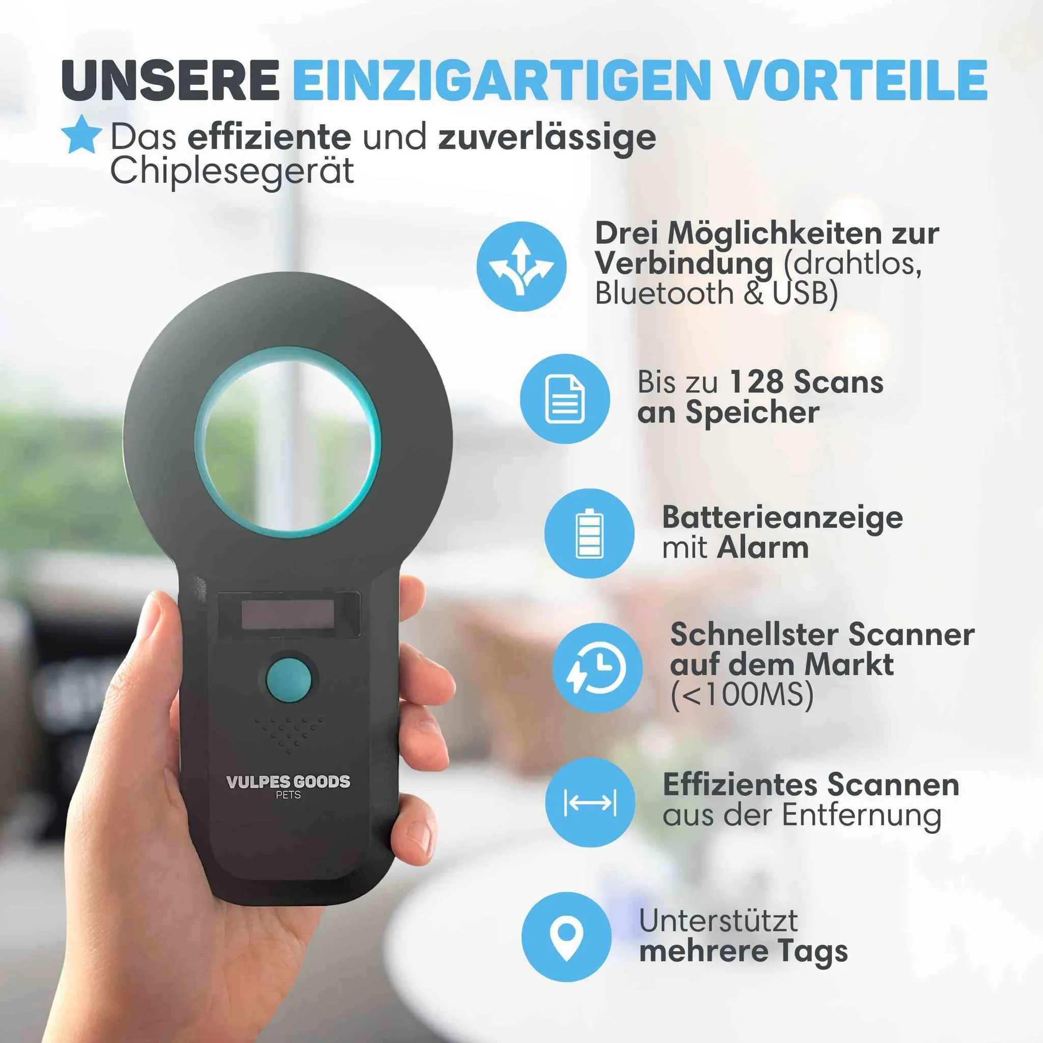 Eine Hand hält einen schwarzen Haustier-Mikrochip-Scanner mit deutschen Funktionspunkten rechts.