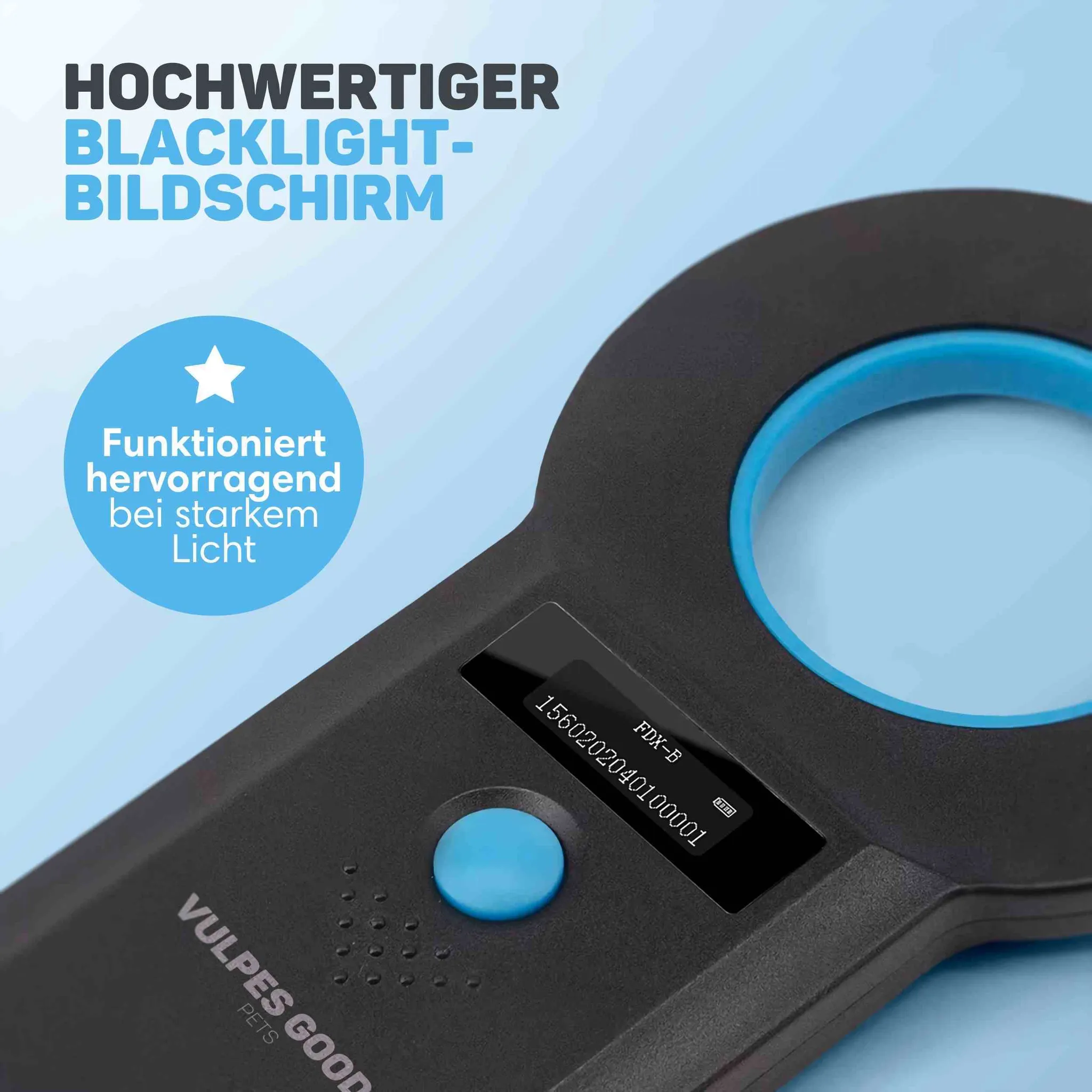 Schwarzes Tier-Mikrochip-Lesegerät mit blauem Ring und Display auf blauem Hintergrund.