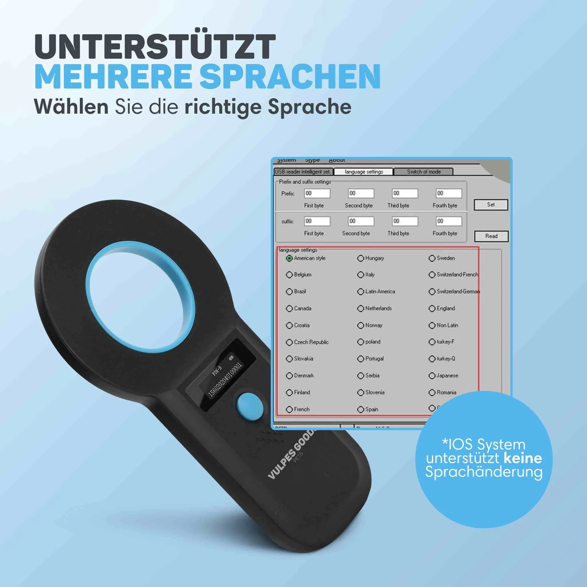 Handscanner vor blauem Hintergrund zeigt Software mit Spracheinstellungen.