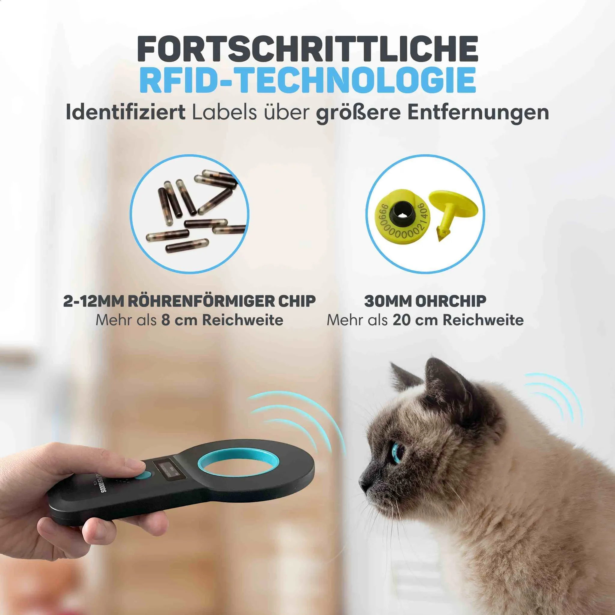 Ein RFID-Lesegerät wird auf eine Katze gerichtet, mit Grafiken von Chips und Reichweiten.